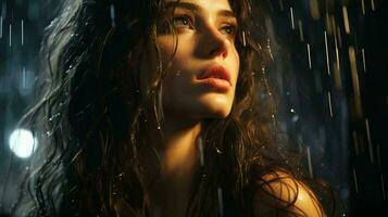 A beautiful pensive woman looks out the window at night during the rain and drops flow down the glass. Face of a sad girl close-up photo