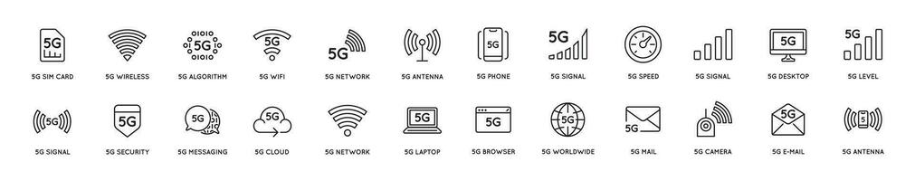 sencillo línea carrera vector icono conjunto, nuevo 5to Generacion móvil red 5g, alto velocidad conexión inalámbrico sistemas