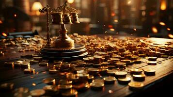 Gold coins and money are scattered on the table. Concept of wealth and saving money photo