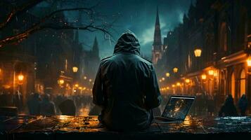 Man in a jacket with a hood in the city at night view from the back, concept of internet crimes cyber crimes and hackers photo