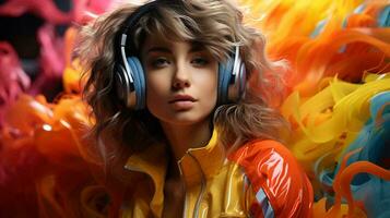 A beautiful woman wearing headphones listens to loud music and dances enjoying the sound photo