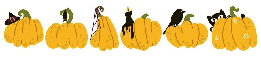 Set of orange pumpkins with black objects and animals on them for Halloween. Cartoon set. A collection of stickers with a Halloween element. Contrasting vector illustration of a sticker on a white