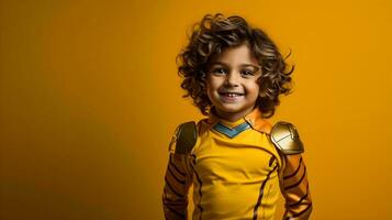 un pequeño chico en un amarillo superhéroe disfraz ai generativo foto