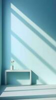 Minimal abstract light blue background for product presentation. Shadow and light from windows on plaster wall photo