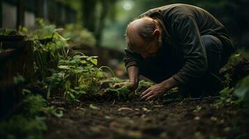 un hombre es arrodillado abajo en el suciedad a planta plantas haciendo jardinería ai generativo foto