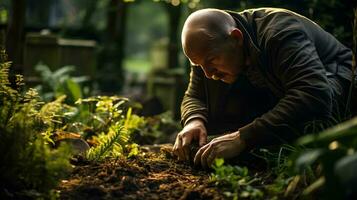 a man kneeling down in the garden with his hands in the dirt  ai generative photo