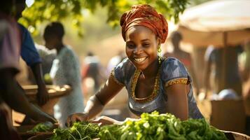 un mujer es sonriente mientras participación un cesta de vegetales ai generativo foto