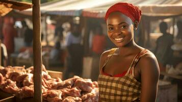 un mujer es sonriente mientras participación un cesta de vegetales ai generativo foto