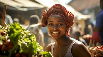 a woman is smiling while holding a basket of vegetables  ai generative photo