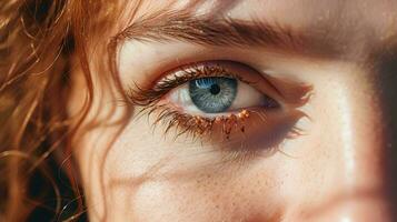 a close up of a woman's eye with a blue eye ai generative photo