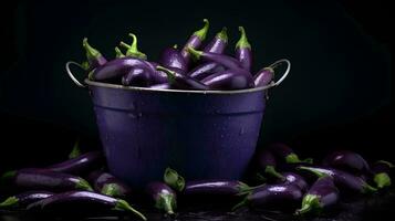 a bucket full of purple eggplants on a black background ai generative photo