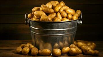 potatoes in a bucket on a wooden background ai generative photo