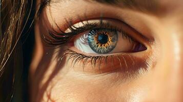 a close up of a woman's eye with a blue eye ai generative photo