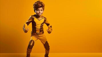 un pequeño chico en un amarillo superhéroe disfraz ai generativo foto