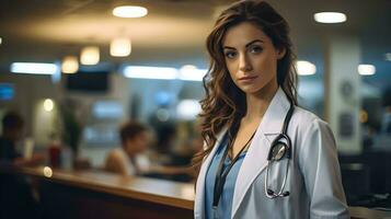 a woman doctor in a lab coat standing in front of a hospital counter  ai generative photo