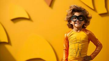 un pequeño chico en un amarillo superhéroe disfraz ai generativo foto