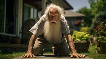 an old man with a long white beard crawling on the ground  ai generative photo