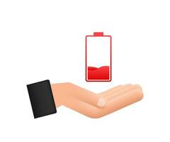 Discharged battery with hands. Set of battery charge level indicators. Vector illustration