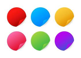 Realistic stickers. Round multicolored stickers with folded edges. Vector stock illustration