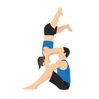 Young couple doing acro yoga. Acro yoga concept. Pair yoga. Yoga flexibility class workout vector