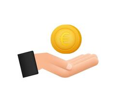 Euro coin with hand, great design for any purposes. Flat style vector illustration. Currency icon