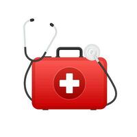 Cartoon icon with red first aid on white background for medical design. Flat vector illustration.