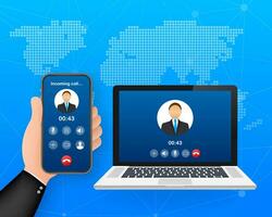 Incoming video call on laptop. Laptop with incoming call, man profile picture and accept decline buttons. Vector stock illustration