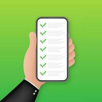 Green check list smartphone. Survey vector illustration. Green tick. Flat check list smartphone for web design. Customer service