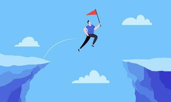 Businessman jumps over the abyss across the cliff flat style design vector illustration.