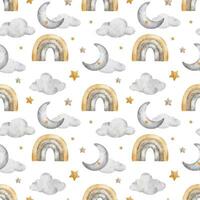 Beige rainbow with clouds, crescent moons and stars. Watercolor seamless pattern. Cute baby background. Design for kid's goods, clothes, textile, postcards, baby shower, wallpaper and children's room vector