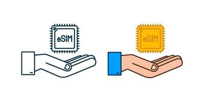 eSIM Embedded SIM card with hands icon symbol concept. new chip mobile cellular communication technology. Vector stock illustration