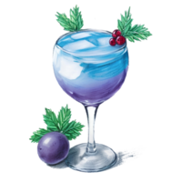 Blue cocktail in a glass with ice and straw. Alcoholic drink. Pencil Drawn Illustration. AI Generative png