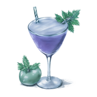 Blue cocktail in a glass with a straw. Alcoholic drink. Pencil Drawn Illustration. AI Generative png