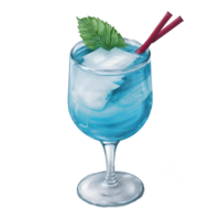 blå cocktail i en glas med is och sugrör . alkoholhaltig dryck. penna dragen illustration. ai generativ png