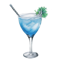 blå cocktail i en glas med is och sugrör. alkoholhaltig dryck. penna dragen illustration. ai generativ png