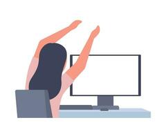 Woman sits back at table computer and stretching, doing exercises. Girl practicing workout at workplace in break. Removing tension and muscle soreness for rest and relaxation. Vector