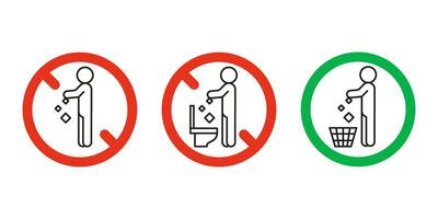 Rule take out trash in basket but not in toilet pan, prohibition warning sign. Do not throw garbage in toilet. Can throw rubbish into trash can. Problem of planet pollution, clean. Vector