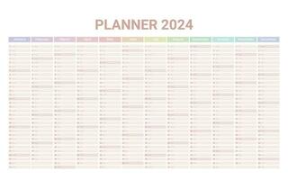 Planner English calendar of 2024 year, template schedule calender with 12 vertical months on one page. Wall organizer, yearly planner template. Vector