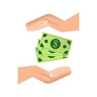 Flat money hand for concept design. Hand holding green money banknotes. Flat design vector