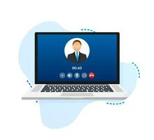 Incoming video call on laptop. Laptop with incoming call, man profile picture and accept decline buttons. Vector stock illustration