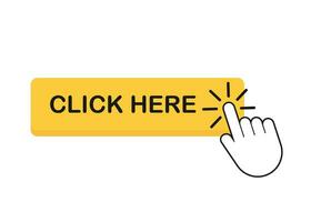 Click here button with hand pointer clicking. Vector stock illustration