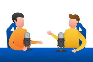 A man is doing live podcasts on his laptop. Live streaming, broadcast flat. Vector stock illustration