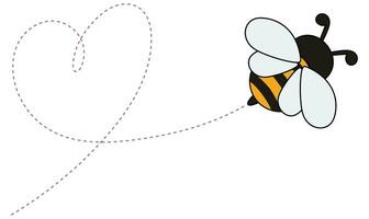 Cartoon bee icon. Bee flying on a dotted route isolated on the white background. Bee vector illustration.