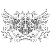 Heart and angel wings hand drawn for adult coloring book vector