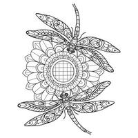 Dragonfly and big flower hand drawn for adult coloring book vector