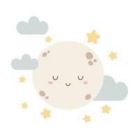 vector ilustración de linda dormido lleno Luna o planeta, estrellas, y nube.