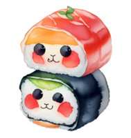 Watercolor and painting for cute Salmon sushi with Caviar. Cartoon Digital painting food illustration holiday concept. AI Generated png