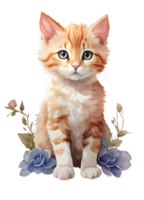 Watercolor and painting cute orange cat with blooming flowers. AI Generated png