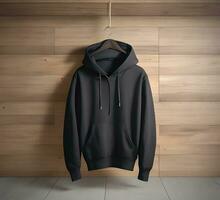 Hanging black hoodie Mockup With brick Background ai generate photo