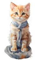 Watercolor and painting cute orange cat with blue scarf. AI Generated png